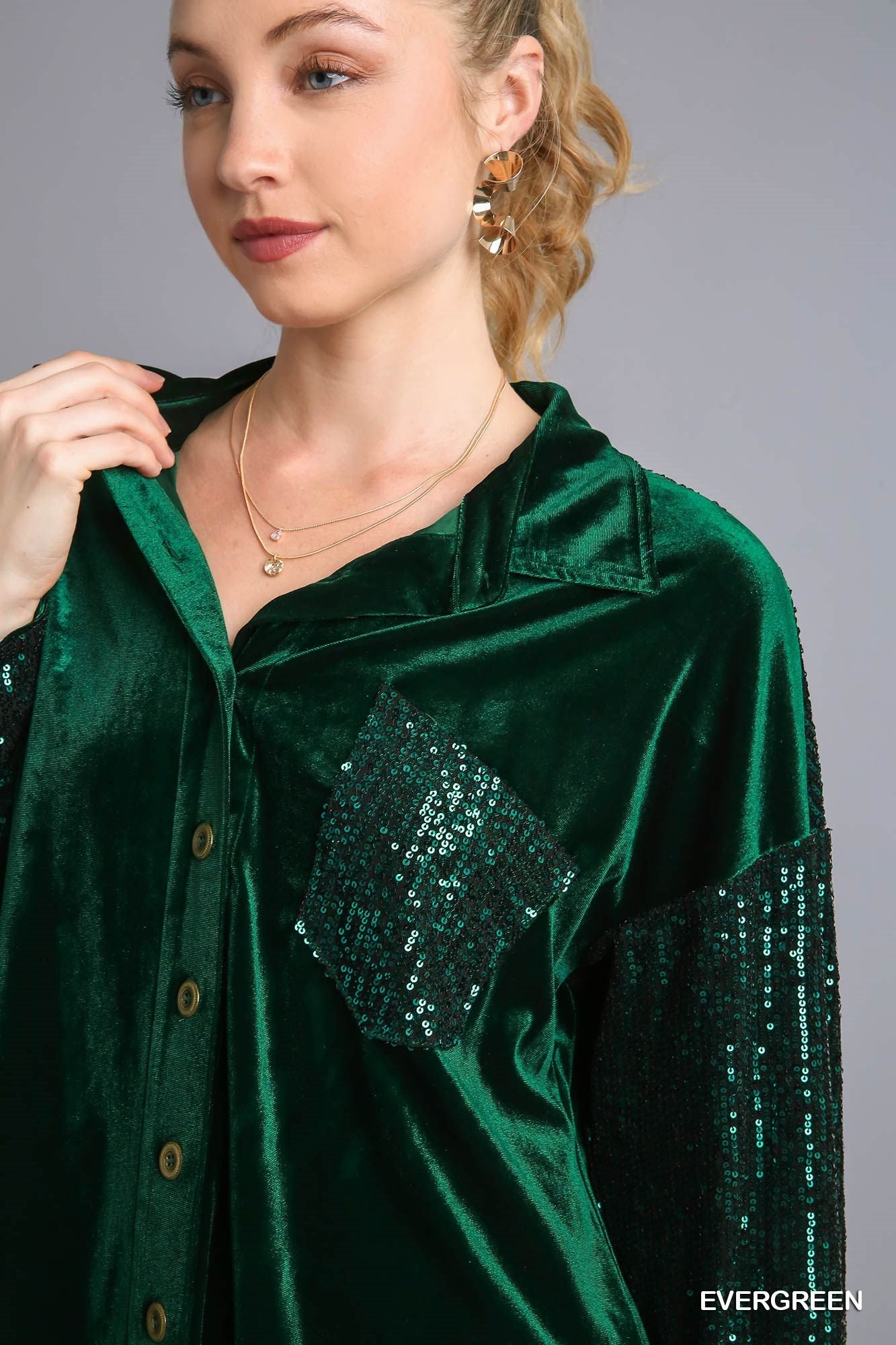 Velvet Collar Button Down Jacket with Sequin Sleeves