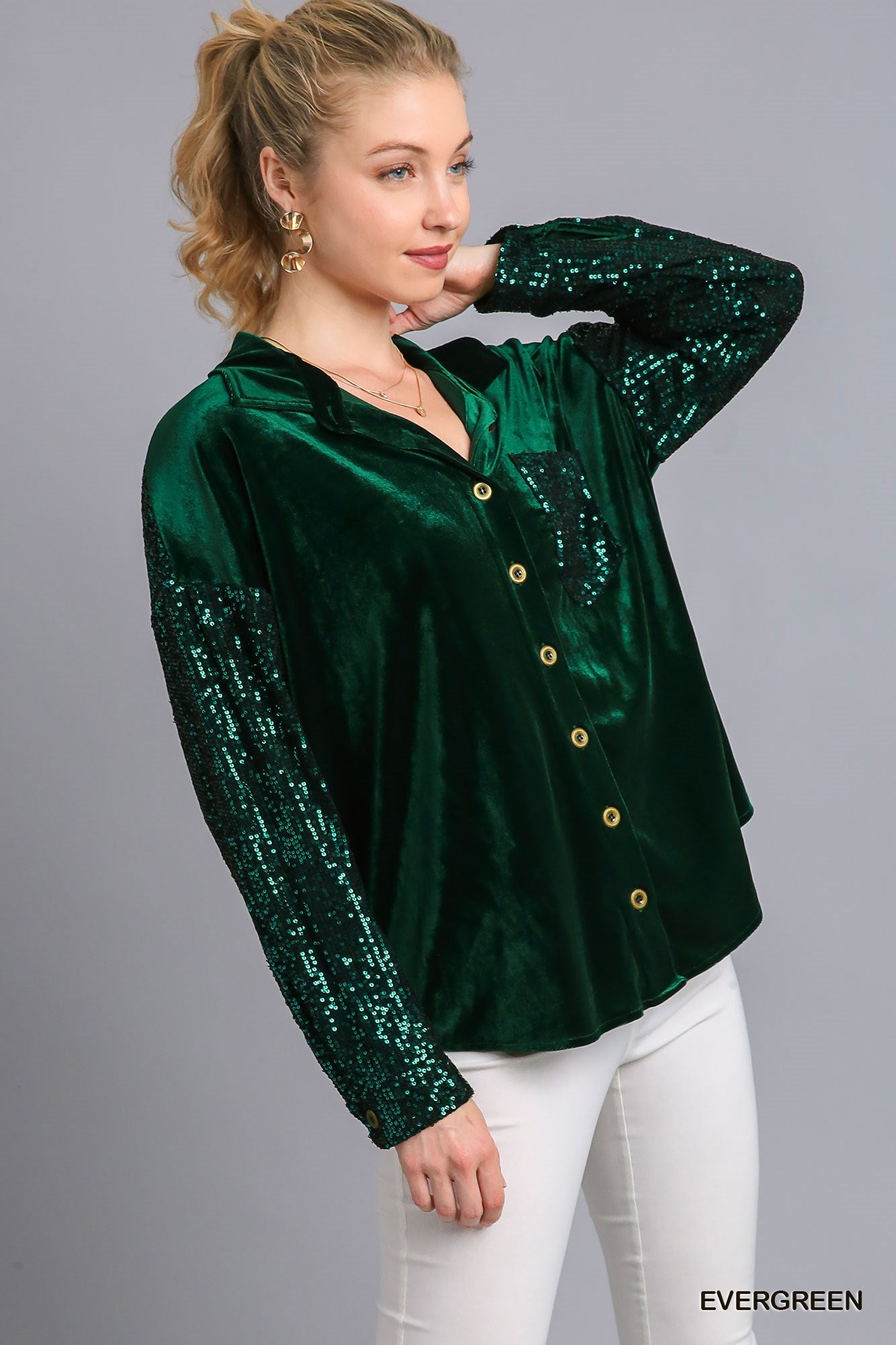Velvet Collar Button Down Jacket with Sequin Sleeves