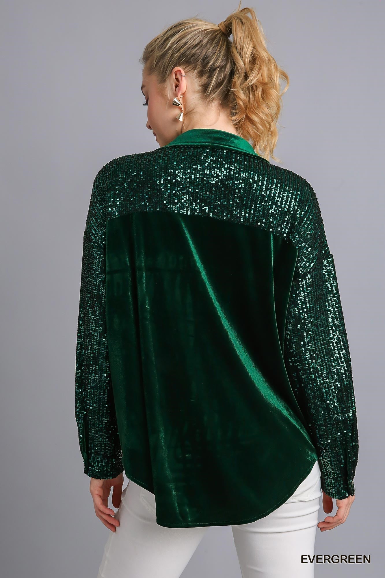 Velvet Collar Button Down Jacket with Sequin Sleeves