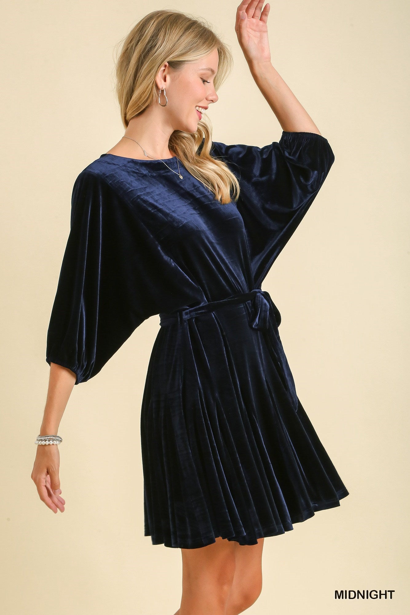 Solid Velvet Round Neck Mini Dress with Adjustable Waist Tie
