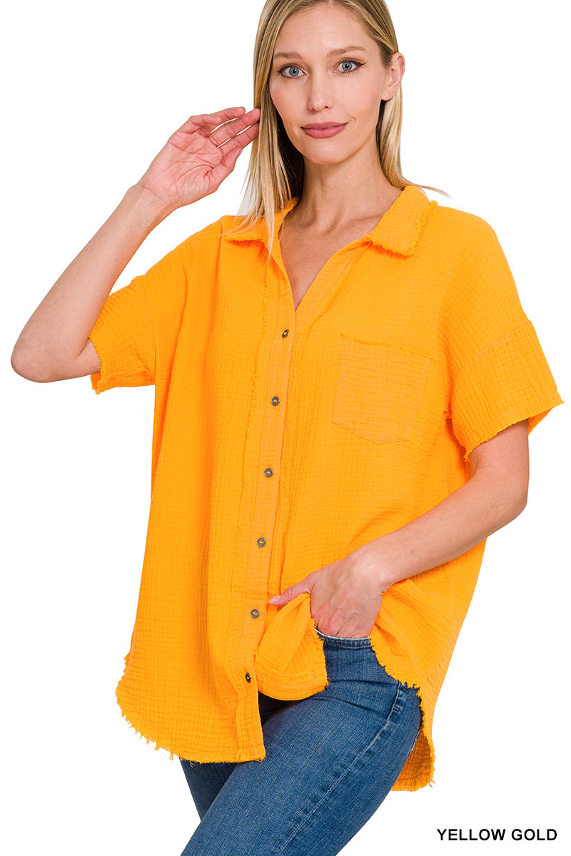 Double Gauze Button Down Raw Edge Short Sleeve Shirt