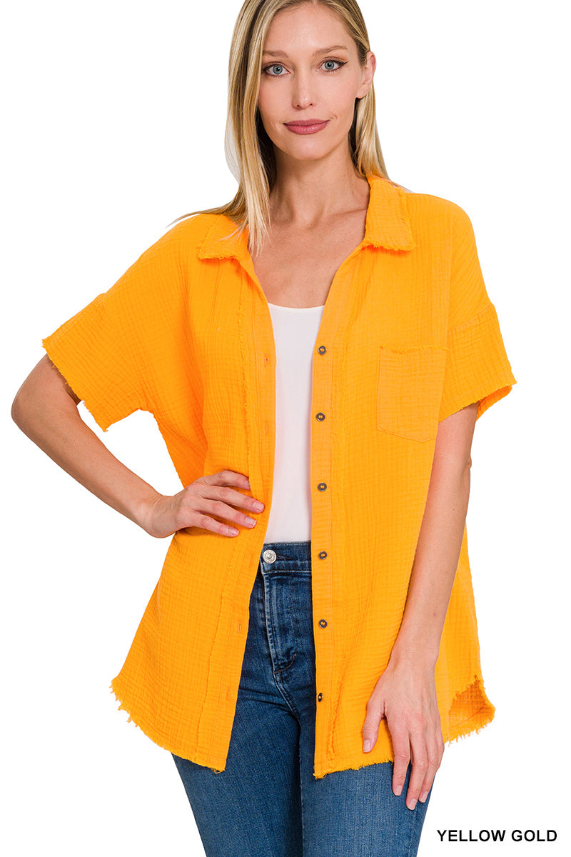 Double Gauze Button Down Raw Edge Short Sleeve Shirt