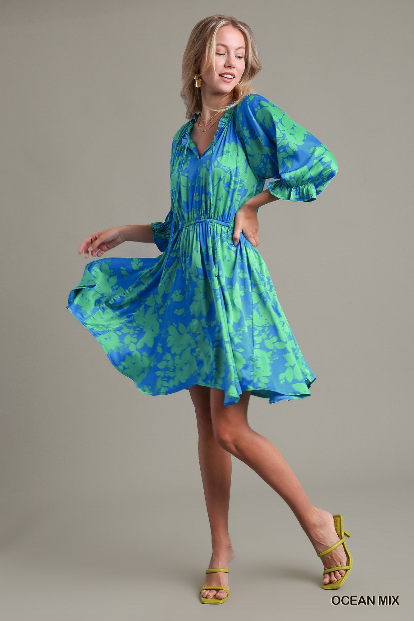 Ocean Blue Graphic Floral Print Split Neck Dress with 3/4 Puff Sleeves
