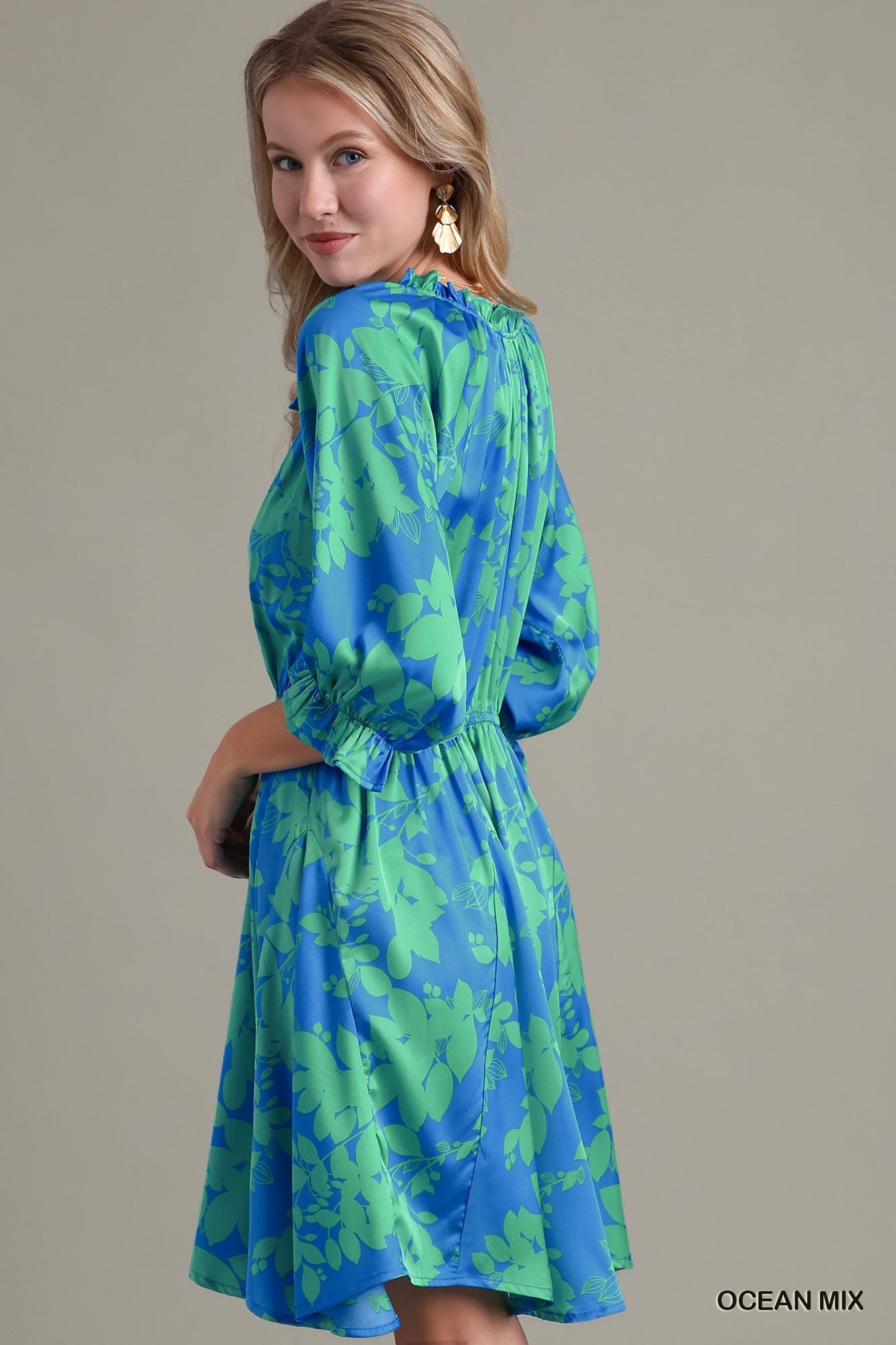 Ocean Blue Graphic Floral Print Split Neck Dress with 3/4 Puff Sleeves