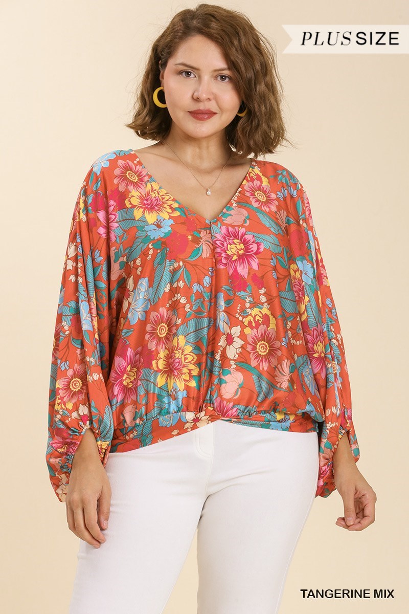 Floral Print Long Puff Sleeve V-Neck Top