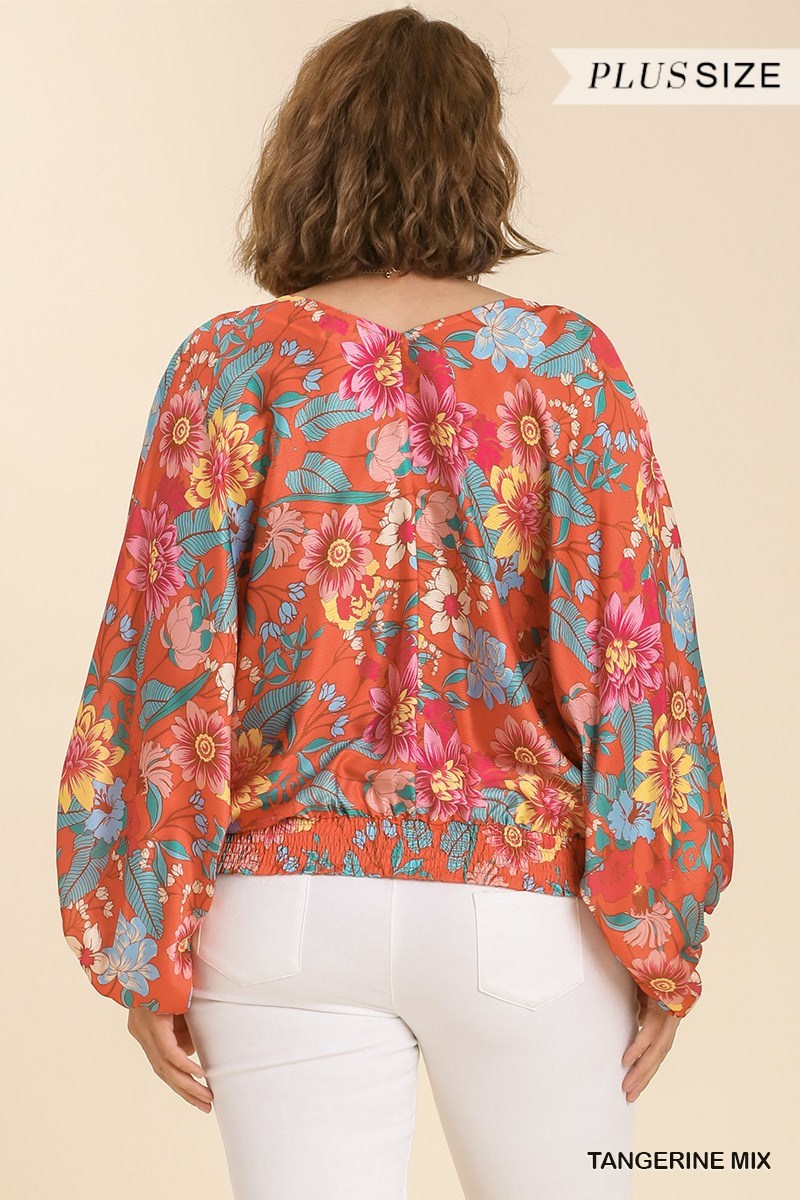 Floral Print Long Puff Sleeve V-Neck Top