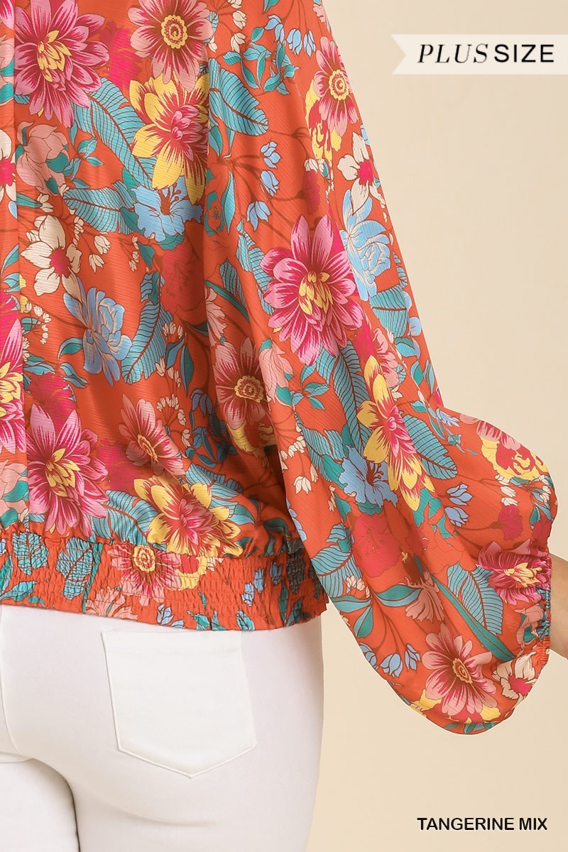 Floral Print Long Puff Sleeve V-Neck Top