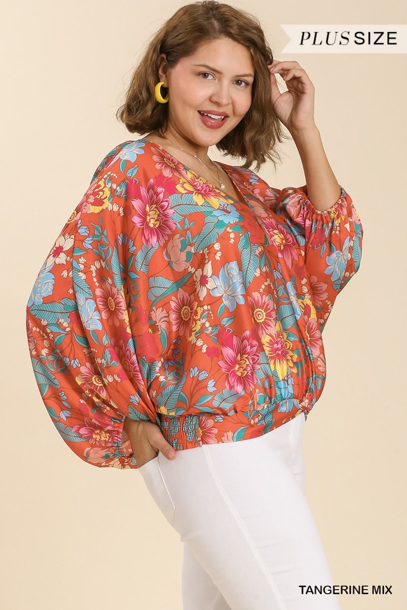 Floral Print Long Puff Sleeve V-Neck Top