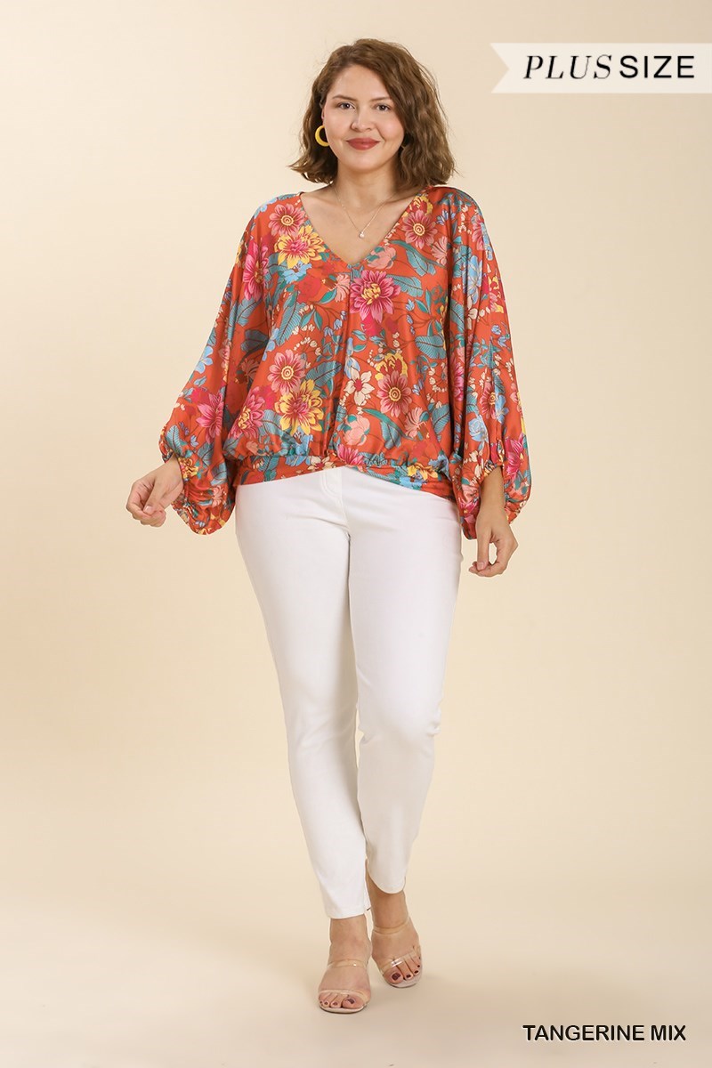Floral Print Long Puff Sleeve V-Neck Top