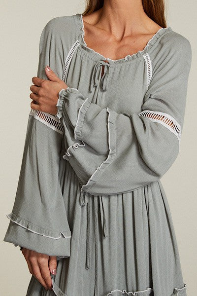 Sage Drawstring Waist Trim Dress