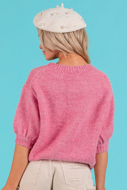 Pink Short Puff Sleeve Pullover Sweater