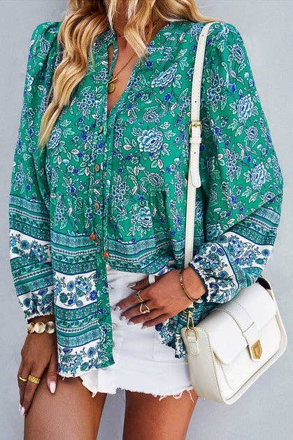 Drawstring V-Neck Floral Print Loose Fit Top