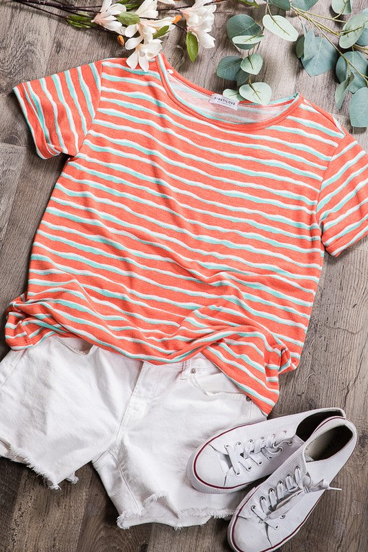 Orange Striped Round Neck Top