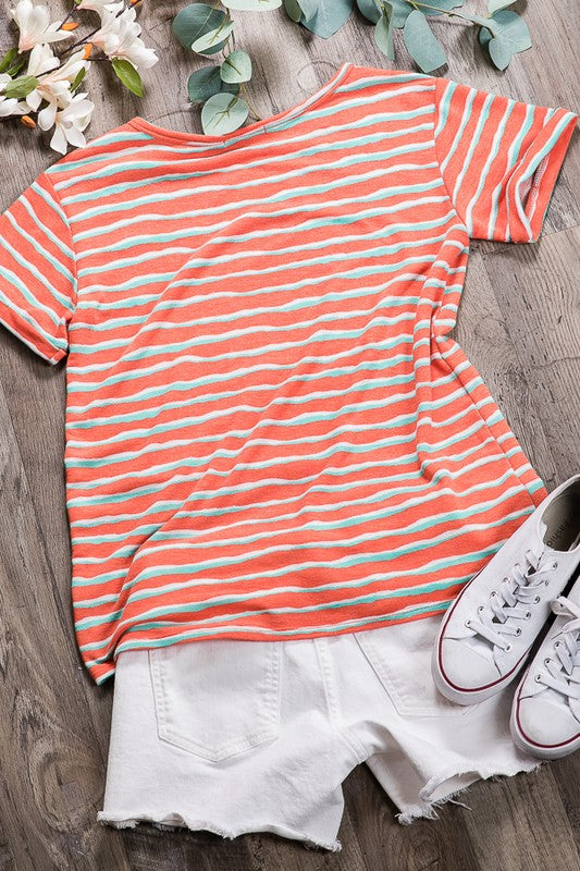 Orange Striped Round Neck Top