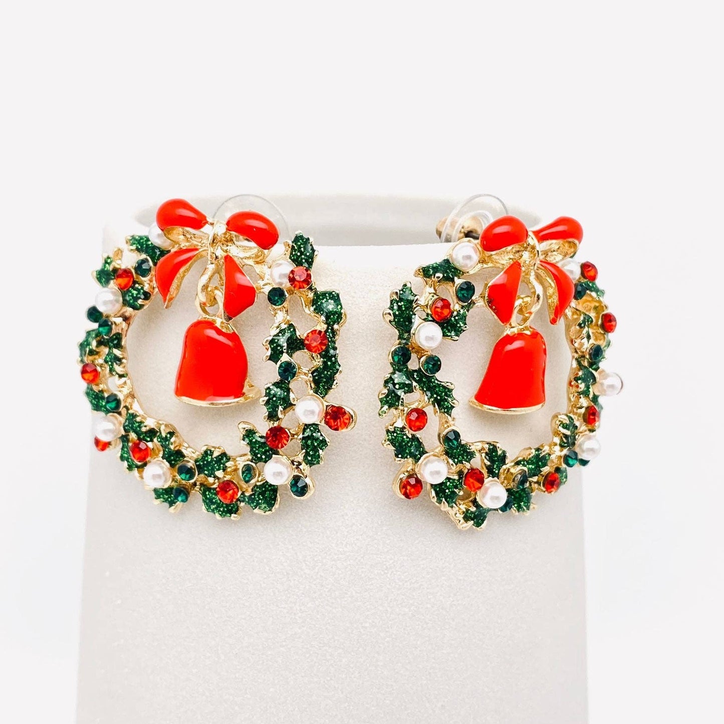 Christmas Rhinestone Wreath Bow Bell Post Earrings