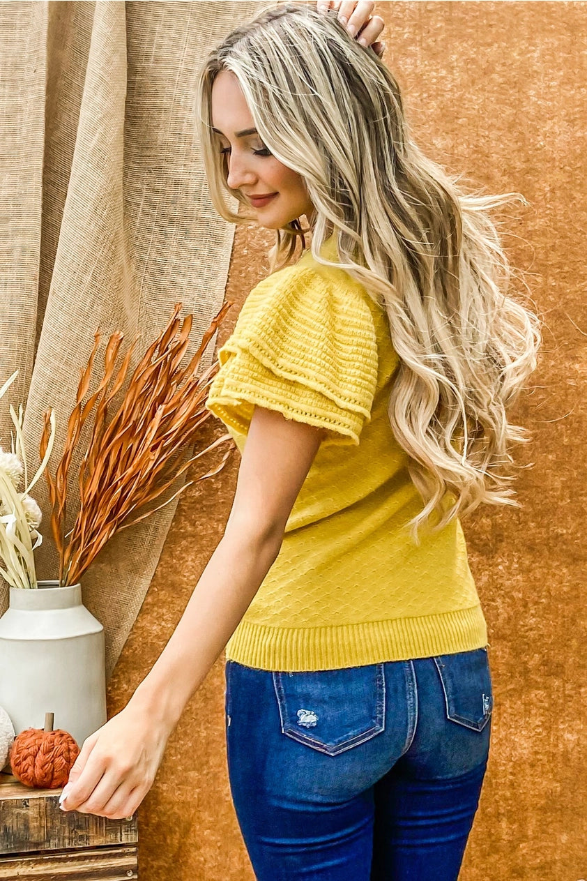 Double Layered Sleeves Baby Doll Sweater Top - Mustard