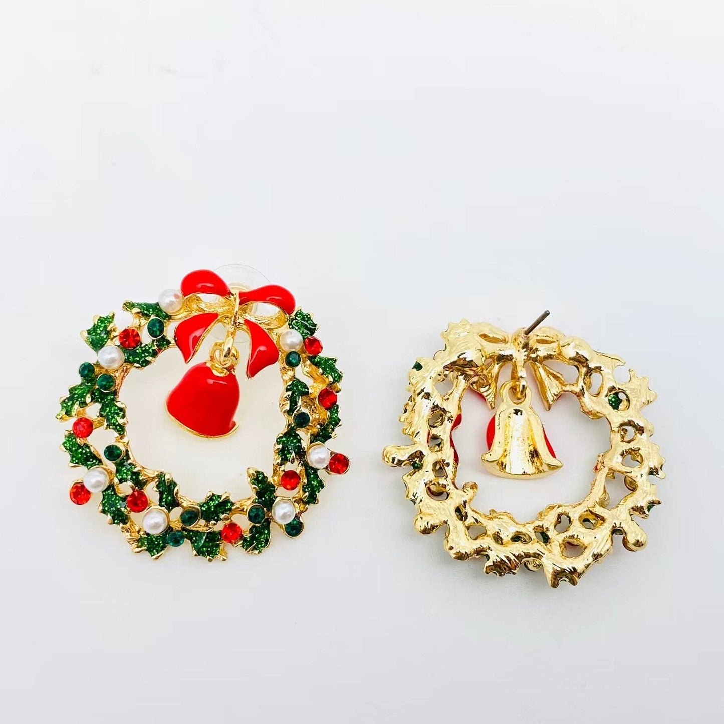 Christmas Rhinestone Wreath Bow Bell Post Earrings