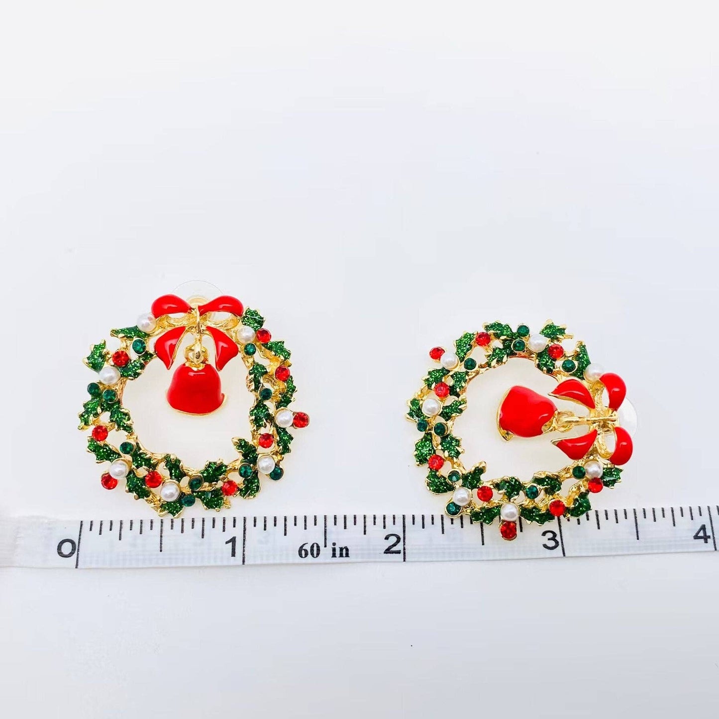 Christmas Rhinestone Wreath Bow Bell Post Earrings