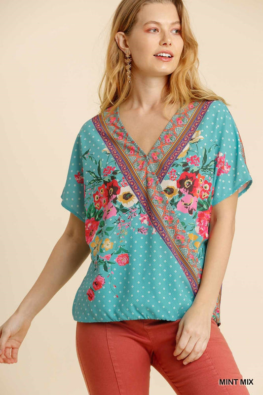 Mint Print Short Sleeve Surplice Top