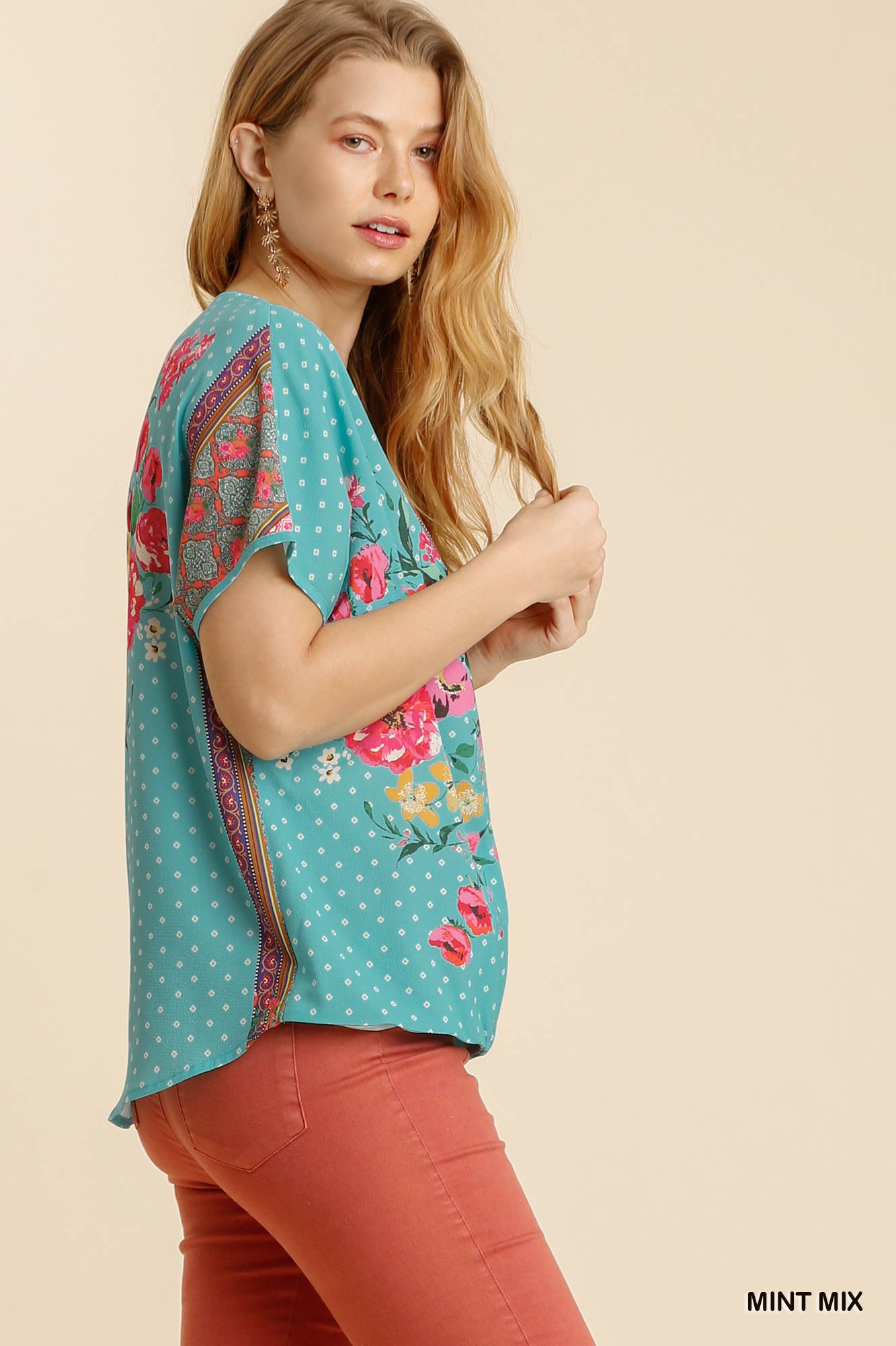 Mint Print Short Sleeve Surplice Top