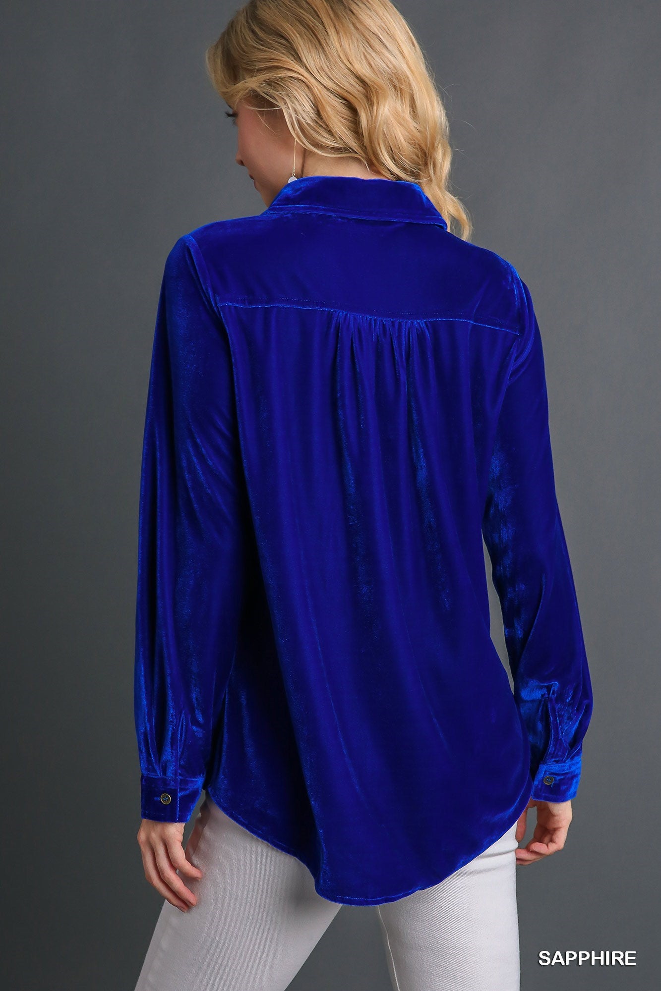 Sapphire Long Sleeve Velvet Button Up Top with Pockets