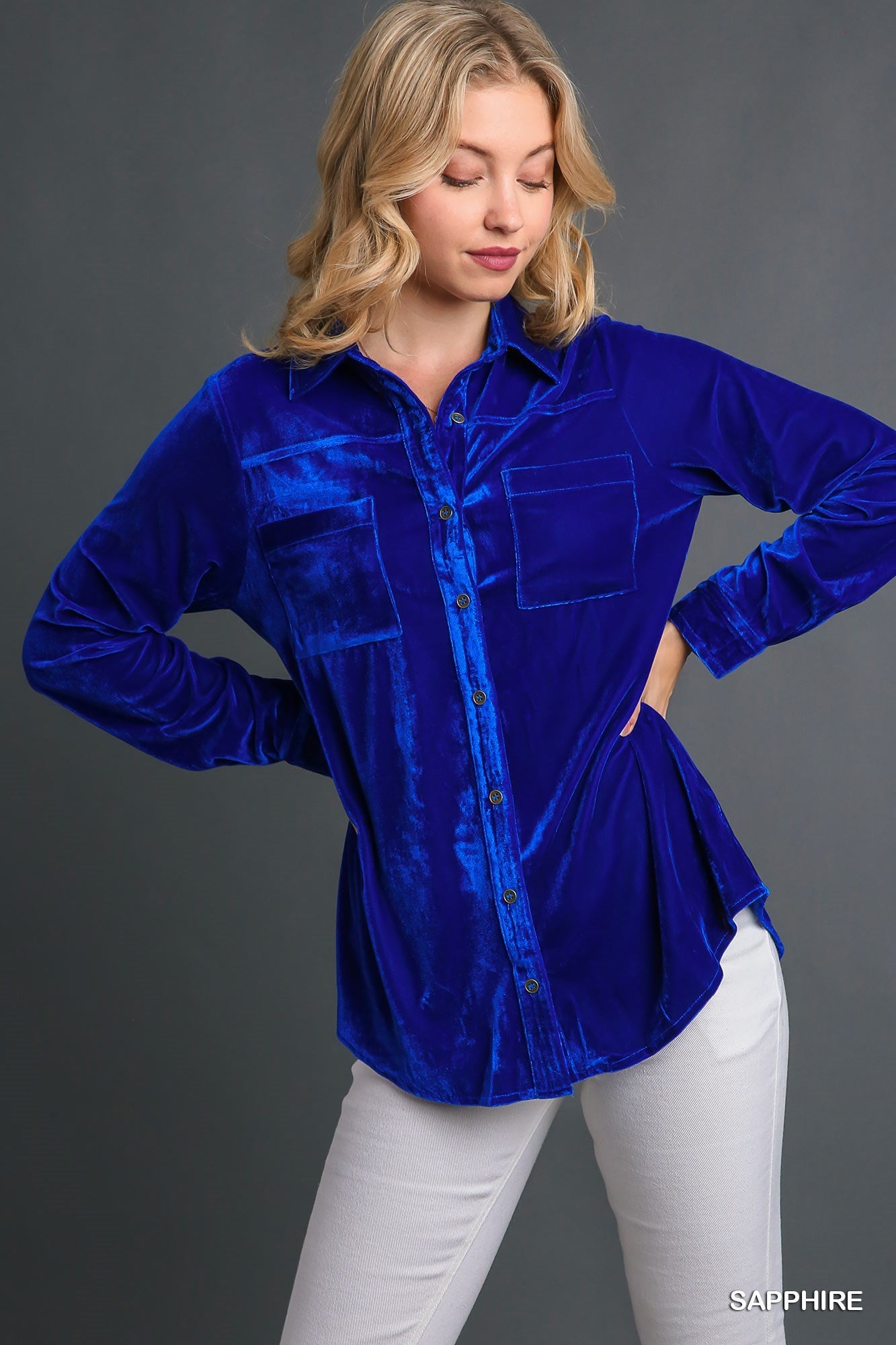 Sapphire Long Sleeve Velvet Button Up Top with Pockets