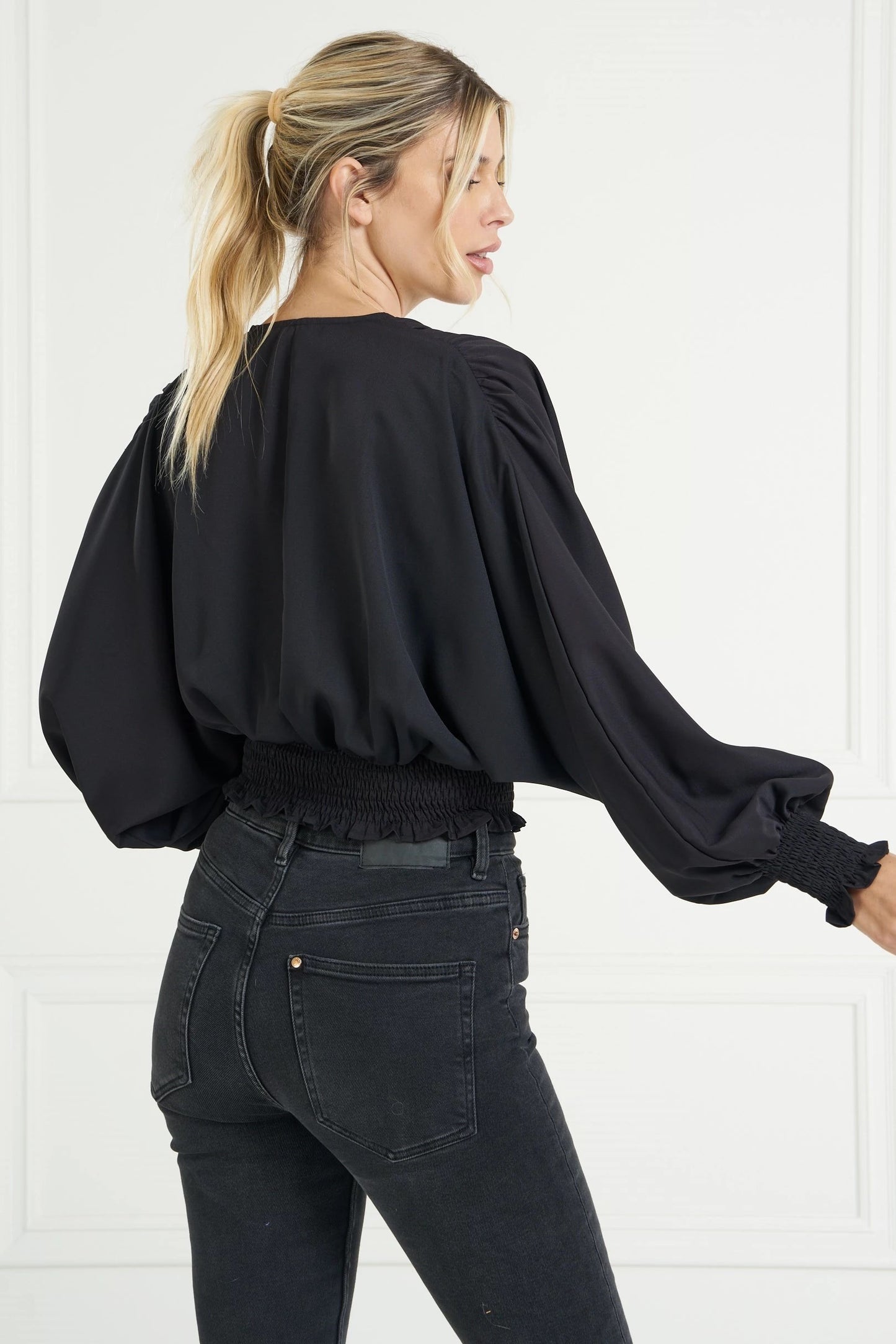 Black Surplice Balloon Sleeve Blouse