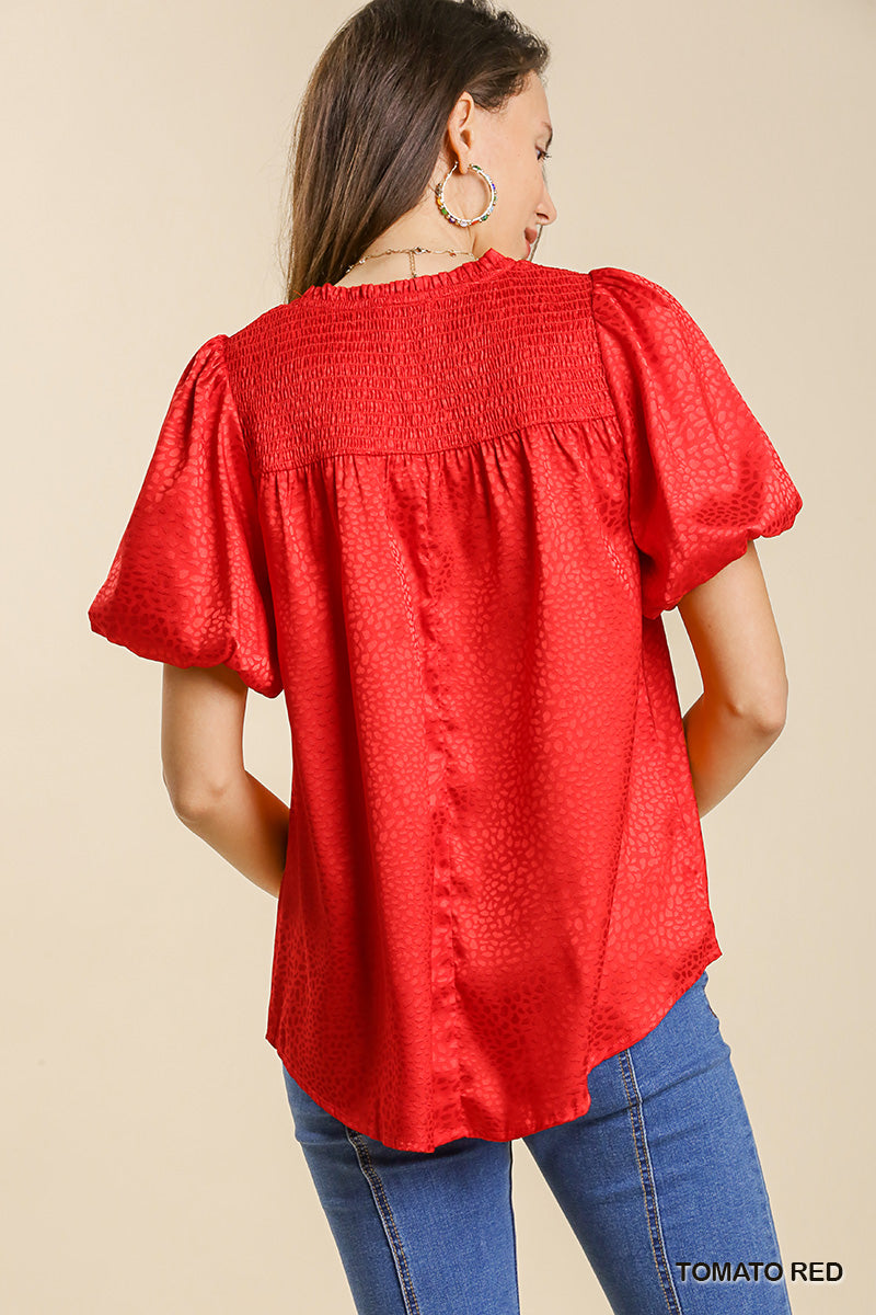 Smocked Animal Jacquard Print 3/4 Puff Sleeve Top