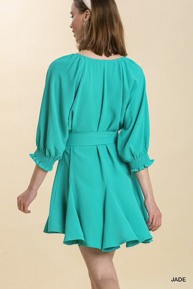 Jade 3/4 Raglan Smocked Cuffed Sleeve Godet Dress