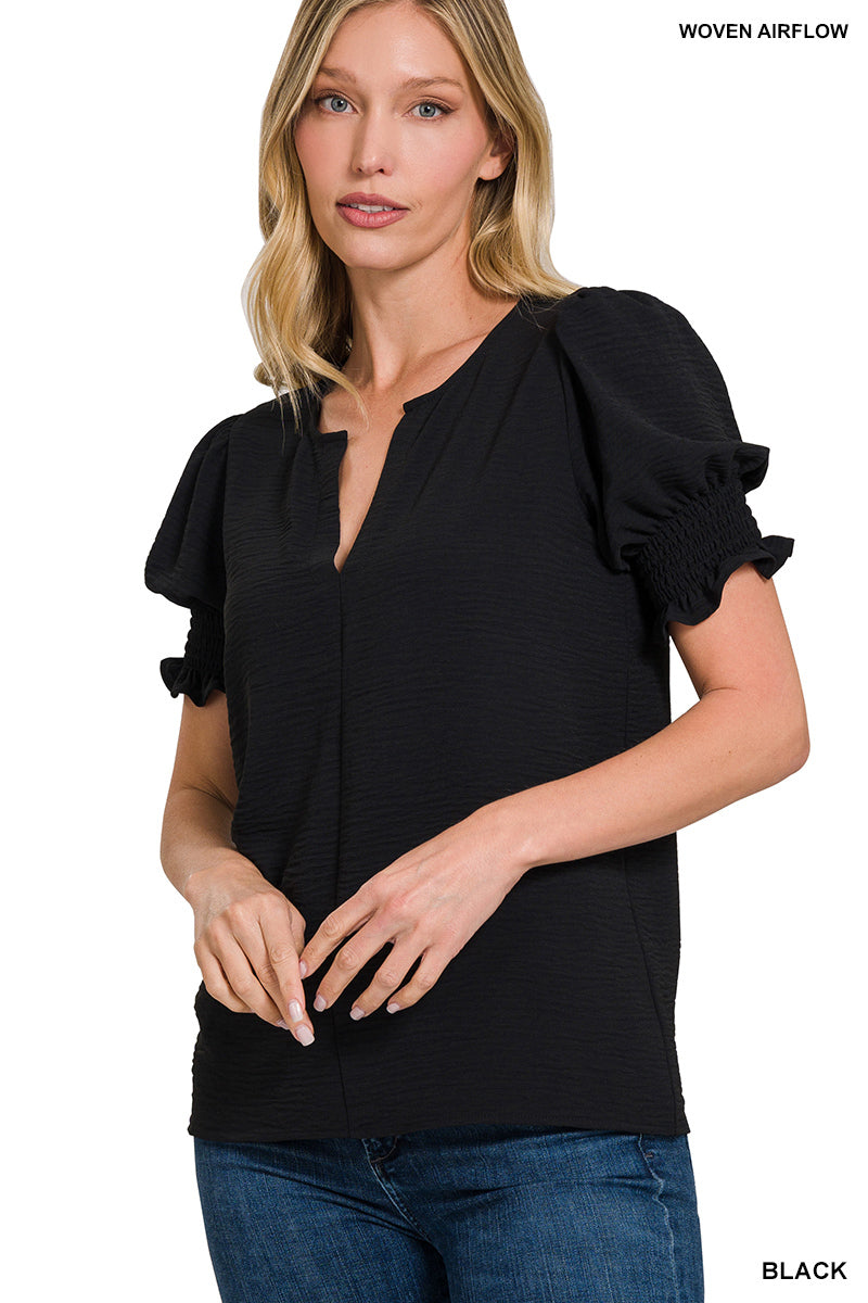 Woven Airflow V-Neck Smocked Puff Sleeve Top