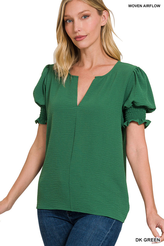 Woven Airflow V-Neck Smocked Puff Sleeve Top