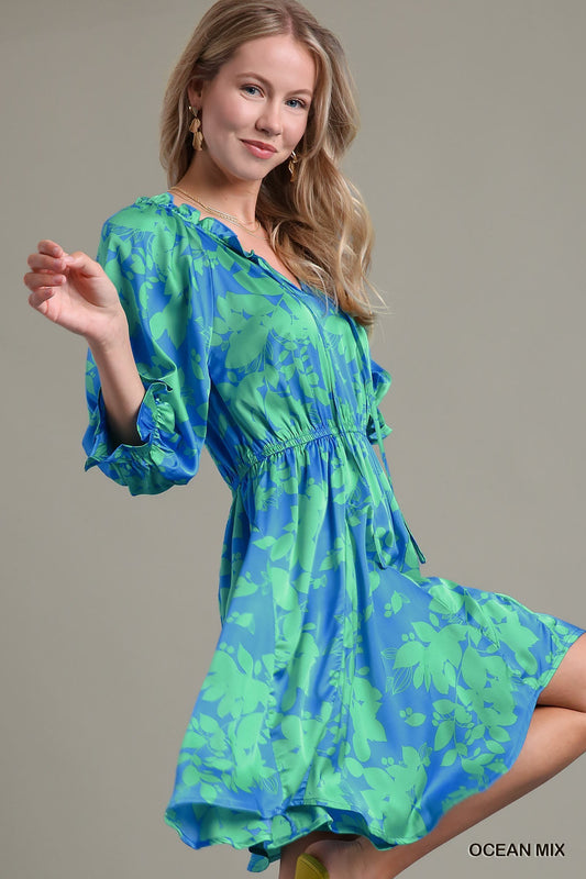 Ocean Blue Graphic Floral Print Split Neck Dress with 3/4 Puff Sleeves