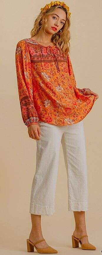 Peach Mixed Floral Border Print Long Puff Sleeve Split Neck Top