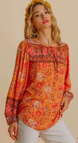 Peach Mixed Floral Border Print Long Puff Sleeve Split Neck Top