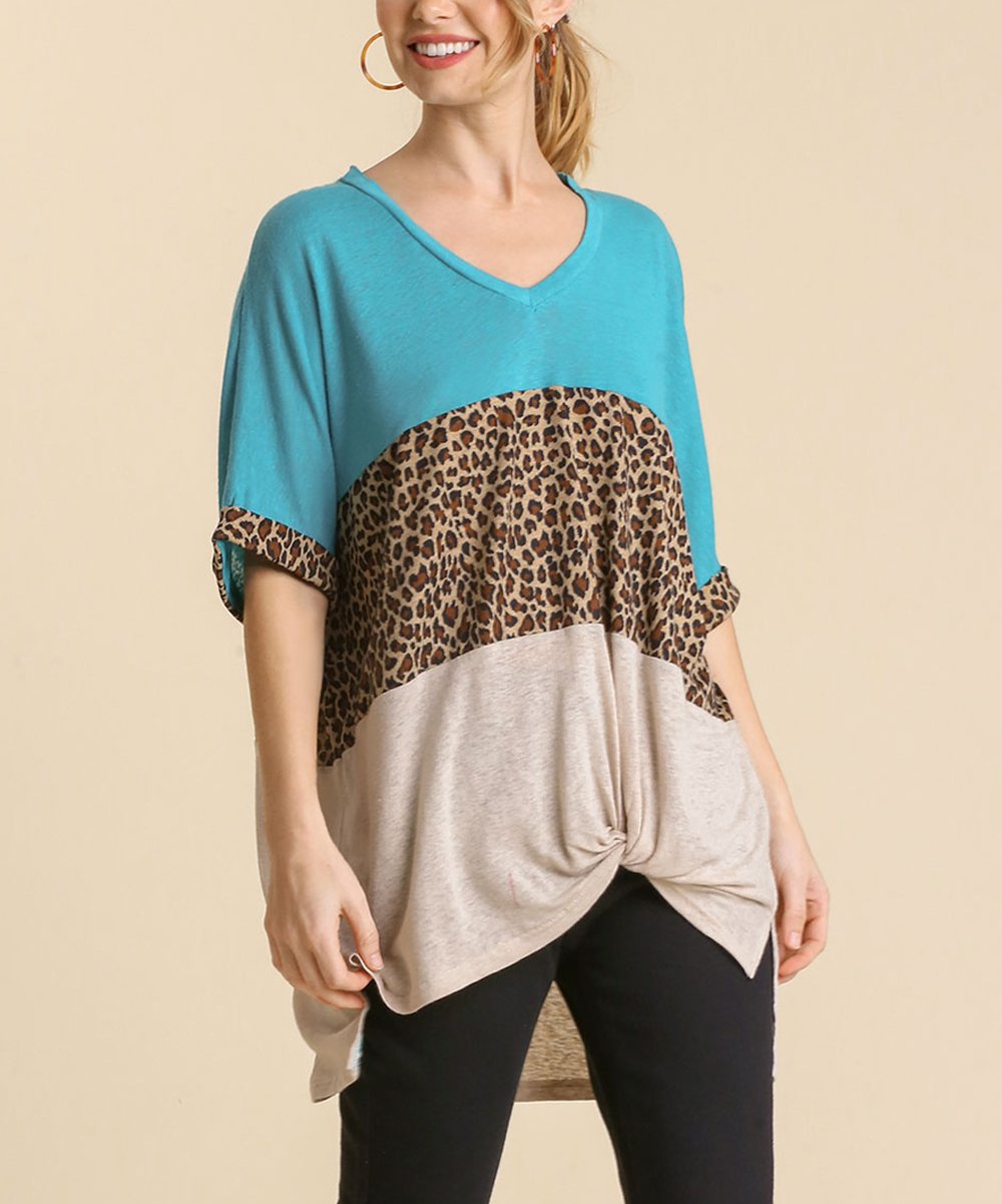 Turquoise & Brown Leopard Color Block V-neck Top