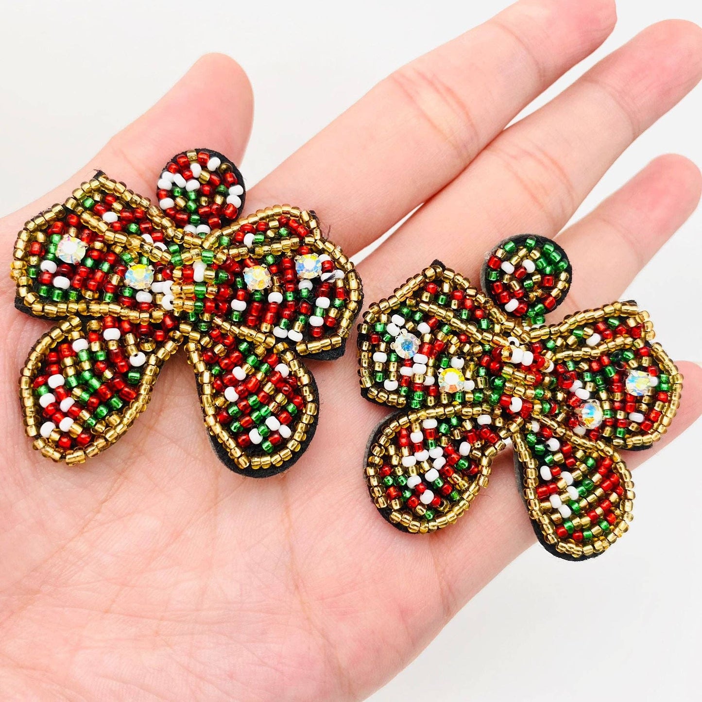 Christmas Glass Beaded Woven Bow Post Earrings