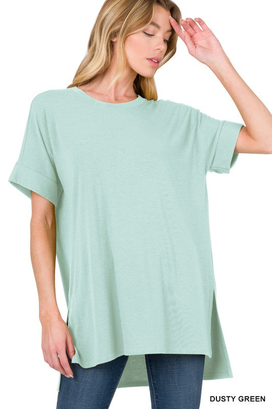 Rolled Short Sleeve Top with Side Slit