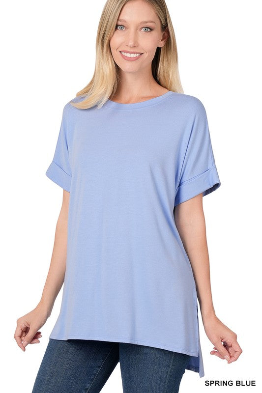 Rolled Short Sleeve Top with Side Slit