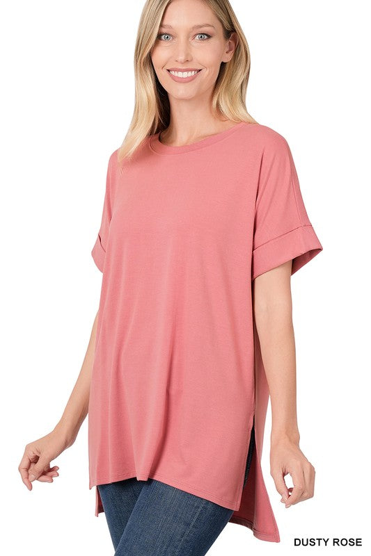 Rolled Short Sleeve Top with Side Slit