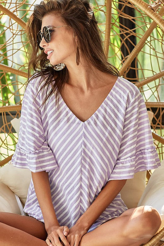 Lavender Stripe Knit Top with Ruffled Sleeves