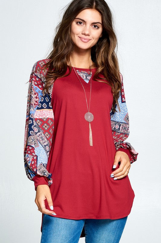 Patchwork Balloon Sleeve Raglan Top - available in plus sizes