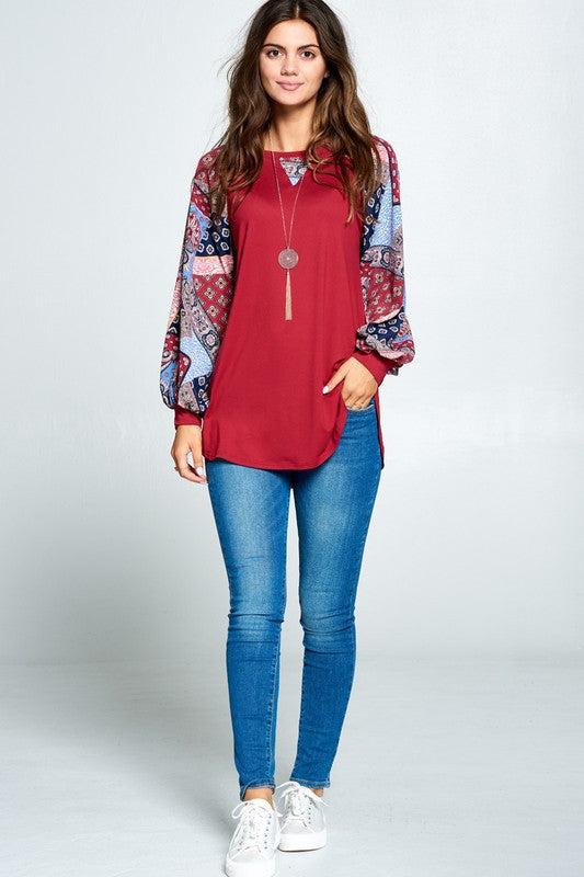 Patchwork Balloon Sleeve Raglan Top - available in plus sizes