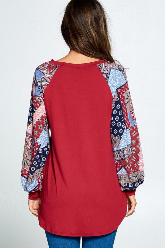 Patchwork Balloon Sleeve Raglan Top - available in plus sizes