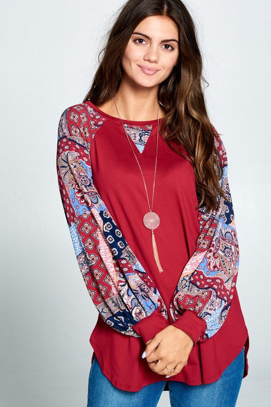 Patchwork Balloon Sleeve Raglan Top - available in plus sizes