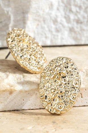 Oval Flower Detailed Metal Earrings