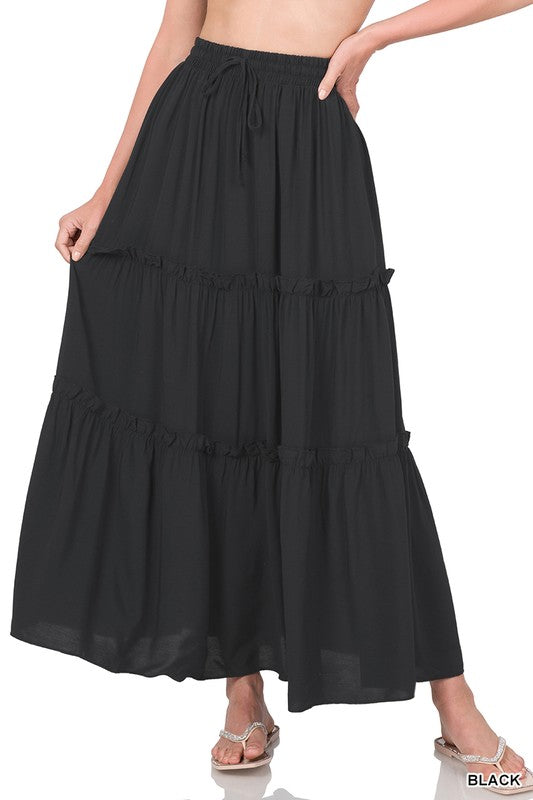 Black Drawstring Waist Ruffle Maxi Skirt