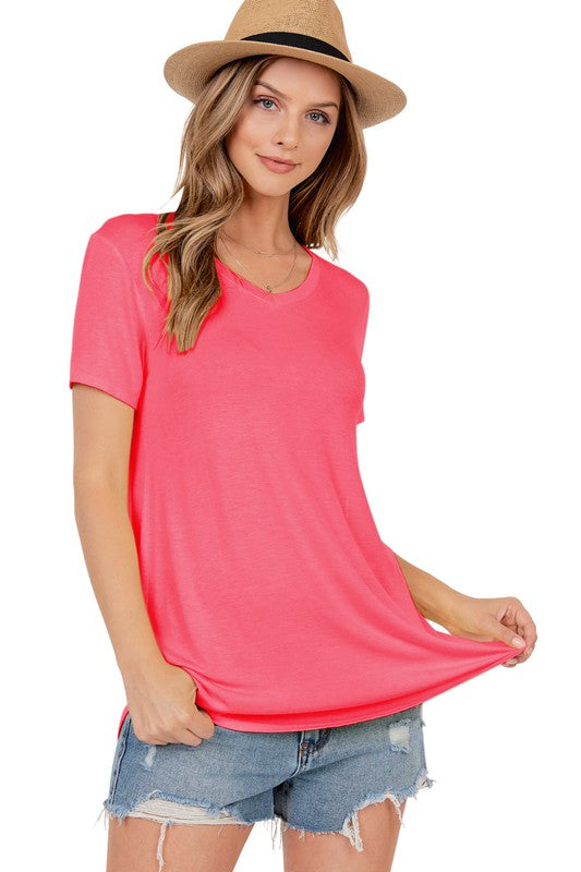 V neck Short Sleeve Tee with Rounded Hem