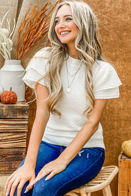 Double Layered Sleeves Baby Doll Sweater Top - Cream