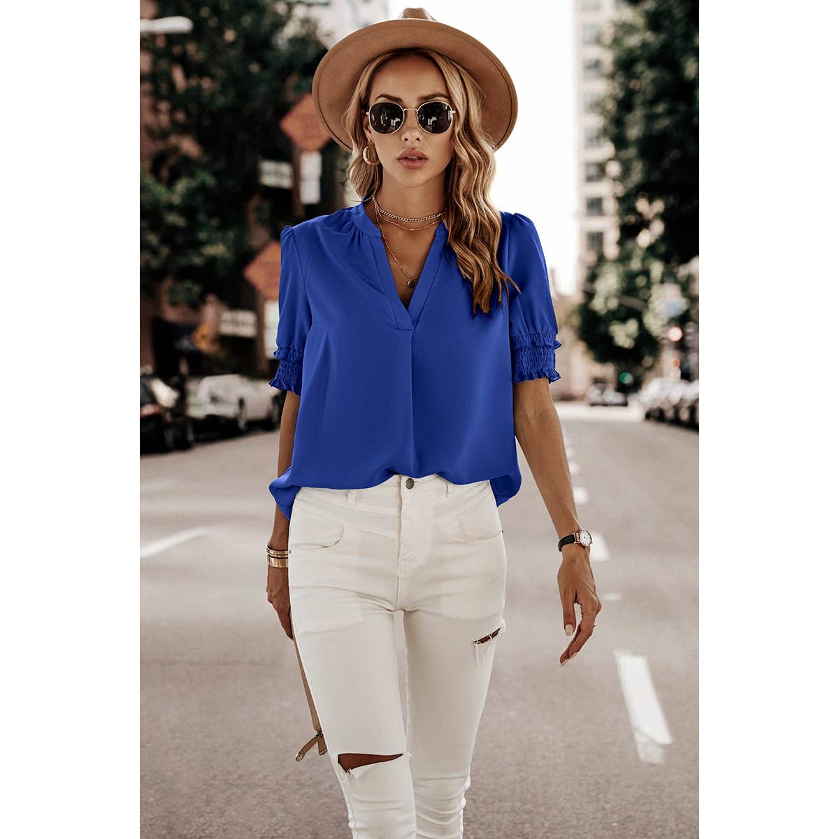 V Neck Solid Color Fit Blouse