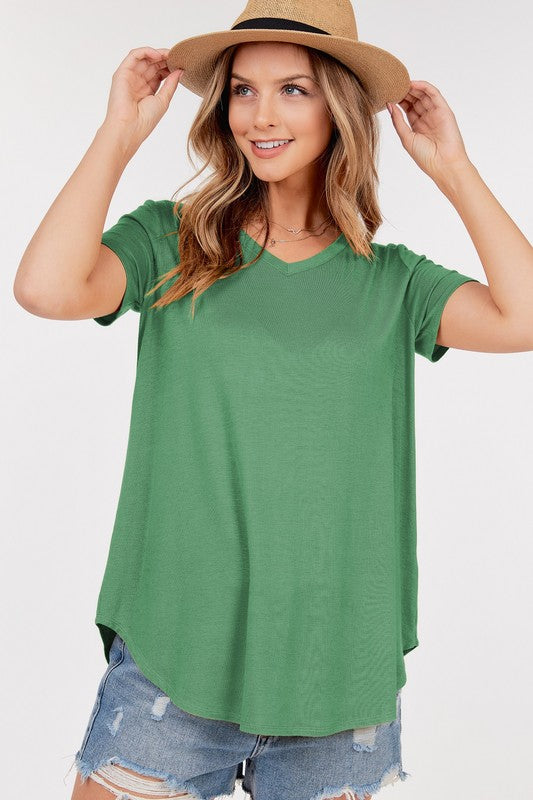 V neck Short Sleeve Tee with Rounded Hem